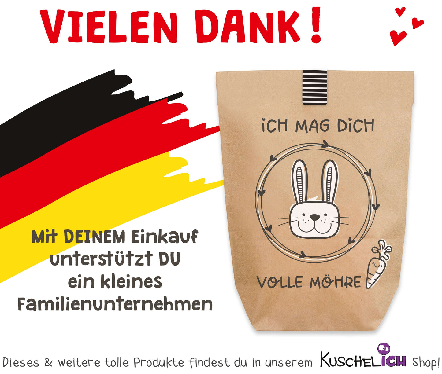 Made in Germany Dekobeispiel Ostertüte "Ich mag Dich Volle Möhre" Kraftpapier weiss bedruckt