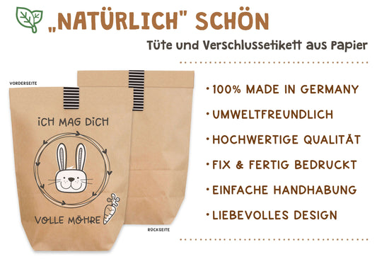 Qualität Ostertüte "Ich mag Dich Volle Möhre" Kraftpapier weiss bedruckt
