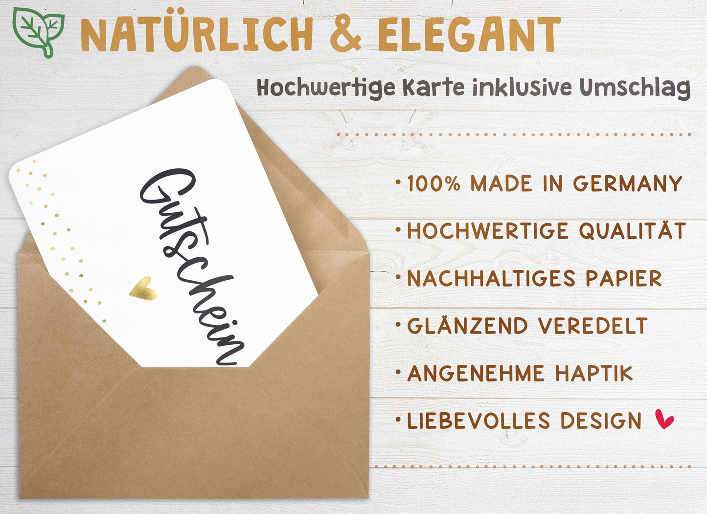 Qualitaetsmerkmale Karte "Gutschein" mit Briefumschlag