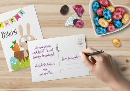 Postkarte Osterhasen mit Möhre Osterkarte Anwendunsbeispiel