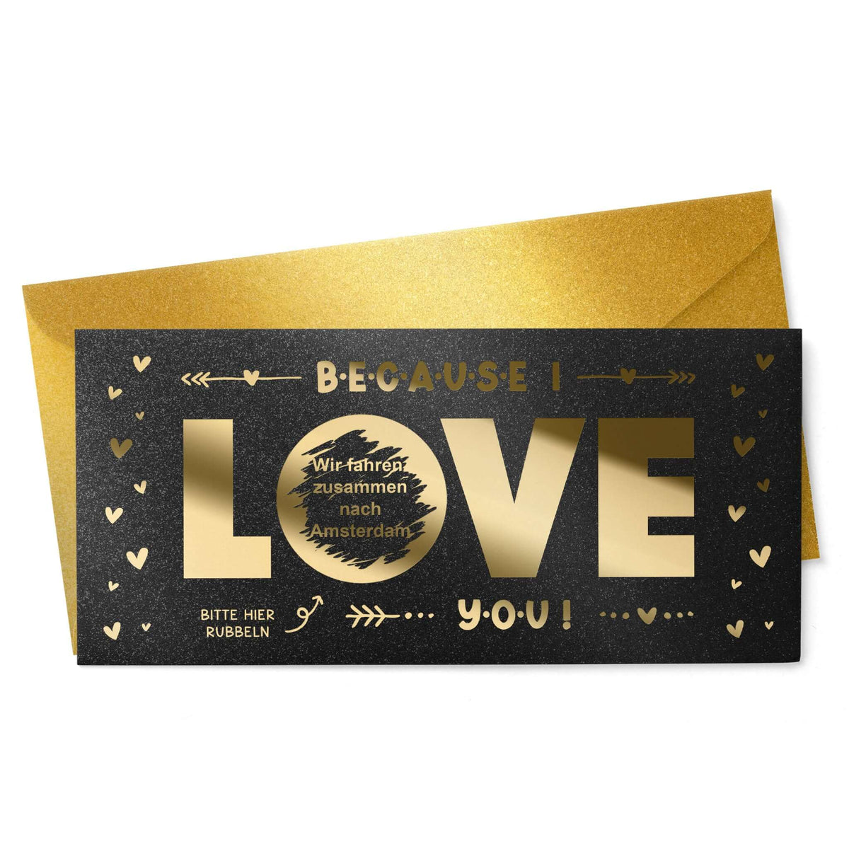 Rubbelkarte Because I Love You in Schwarz Schimmer mit Goldfolie und Gold-Umschlag, Reise nach Amsterdam – KuschelICH
