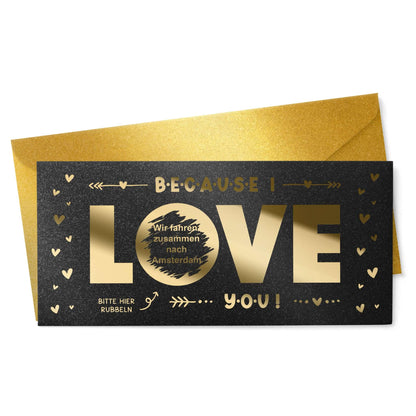 Rubbelkarte Because I Love You in Schwarz Schimmer mit Goldfolie und Gold-Umschlag, Reise nach Amsterdam – KuschelICH