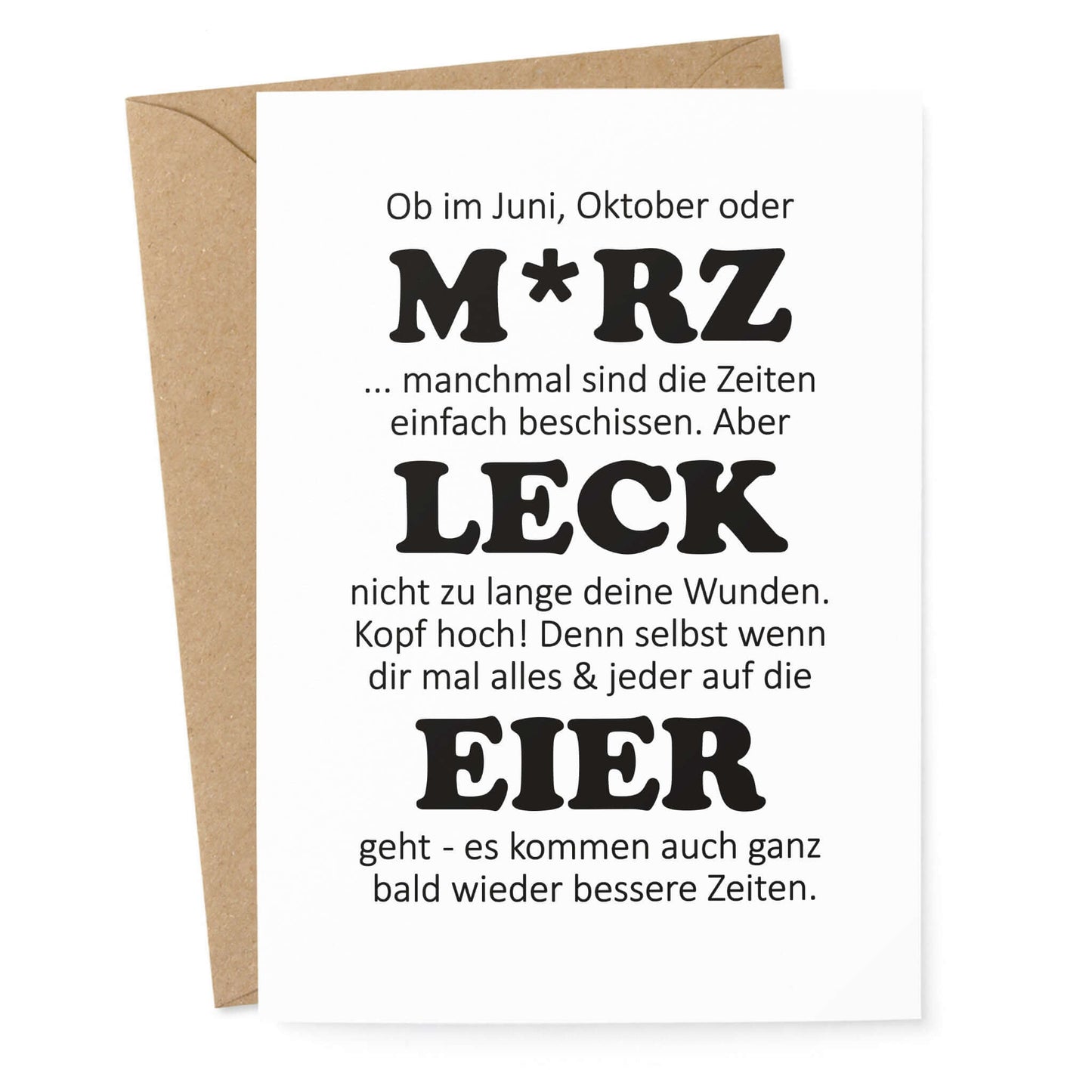 witzige Aufmunterungskarte M*RZ LECK EIER mit humorvollem Spruch auf Postkarte A6 inklusive Umschlag.