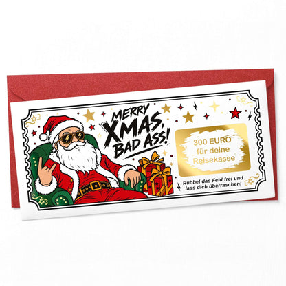 Rubbelkarte Weihnachten „Merry Xmas, Bad Ass!“ mit Rocker-Weihnachtsmann und Wunschtext im goldenen Rubbelfeld auf rotem Umschlag – DIN lang – KuschelICH