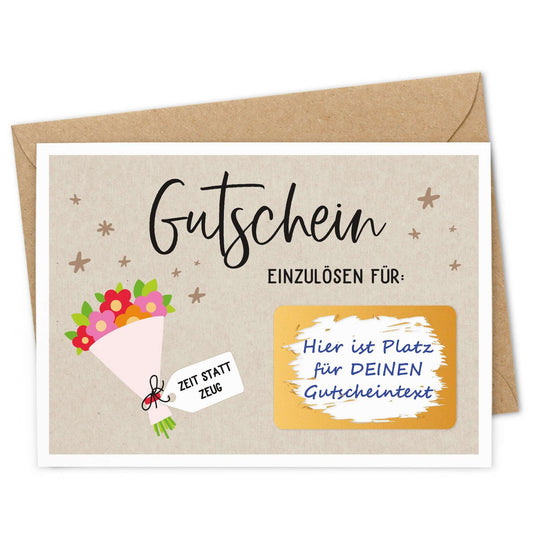 Rubbel Gutschein Blumenstrauß mit Umschlag, Gutscheinkarte mit Rubbelfeld für persönliche Überraschungen.