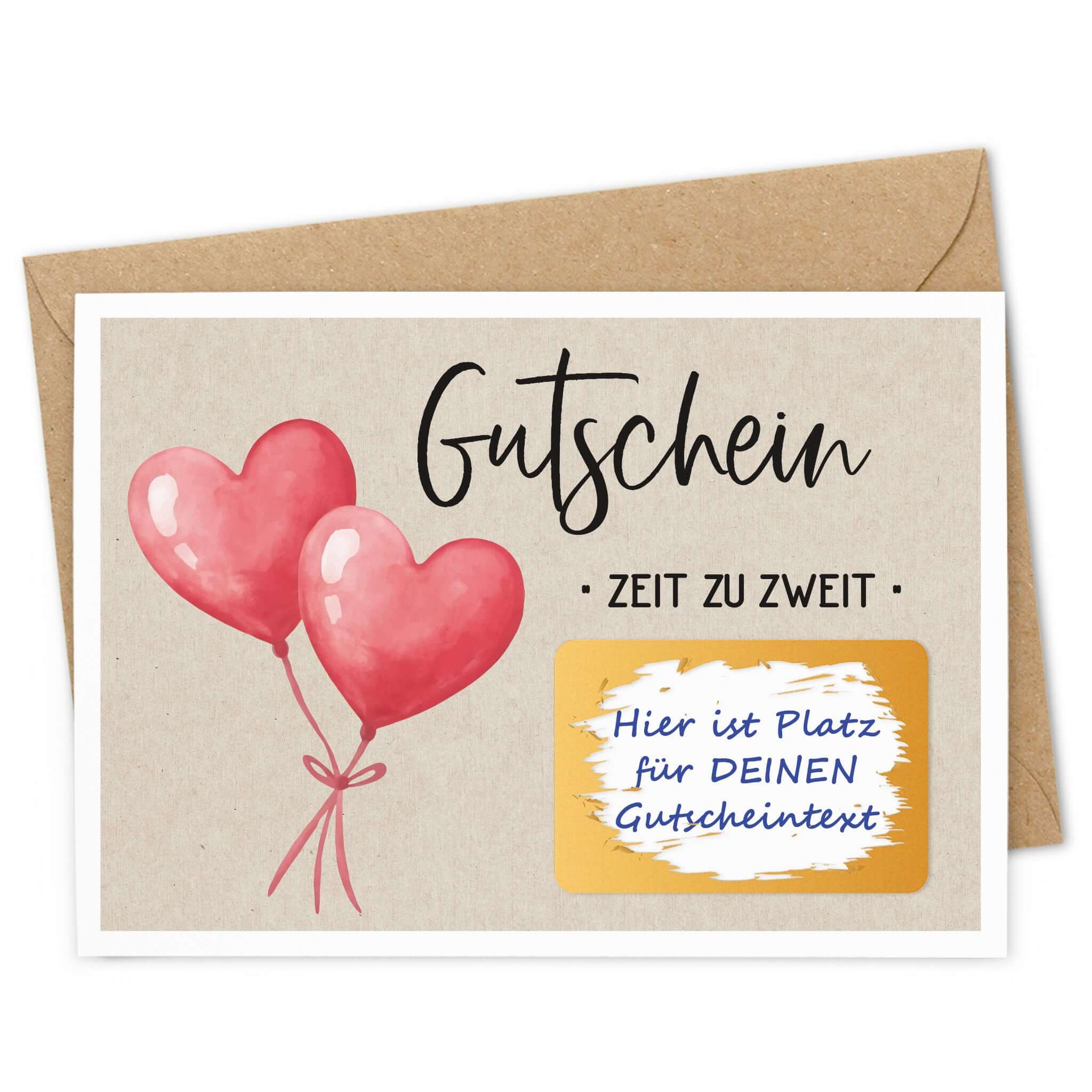 Rubbel Gutschein Zeit zu Zweit mit Herzballons und Umschlag für eine besondere Überraschung.
