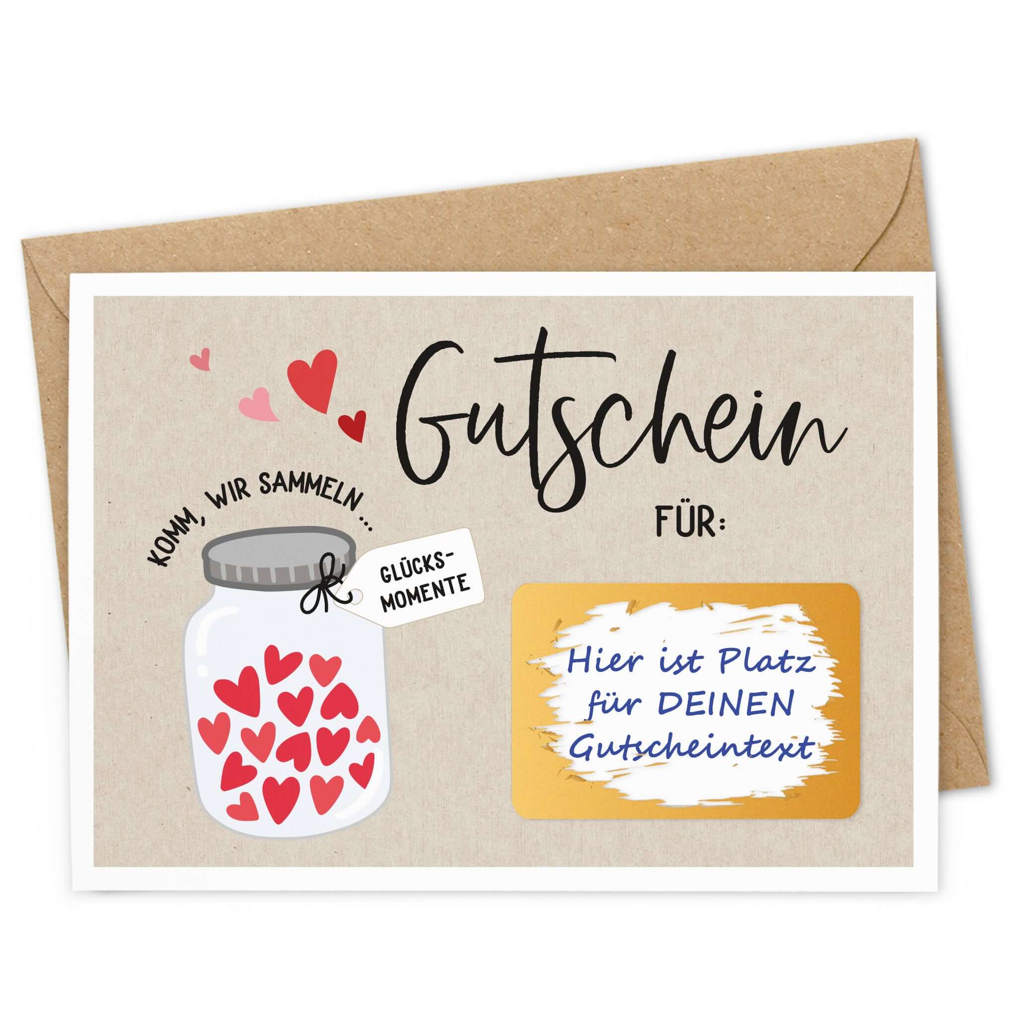 Rubbelgutschein Glücksmomente mit Umschlag, kreative Gutscheinkarte mit Herzmotiven.