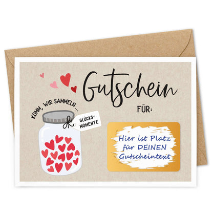 Rubbelgutschein Glücksmomente mit Umschlag, kreative Gutscheinkarte mit Herzmotiven.