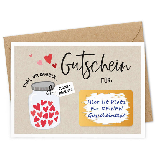 Rubbelgutschein Glücksmomente mit Umschlag, kreative Gutscheinkarte mit Herzmotiven.