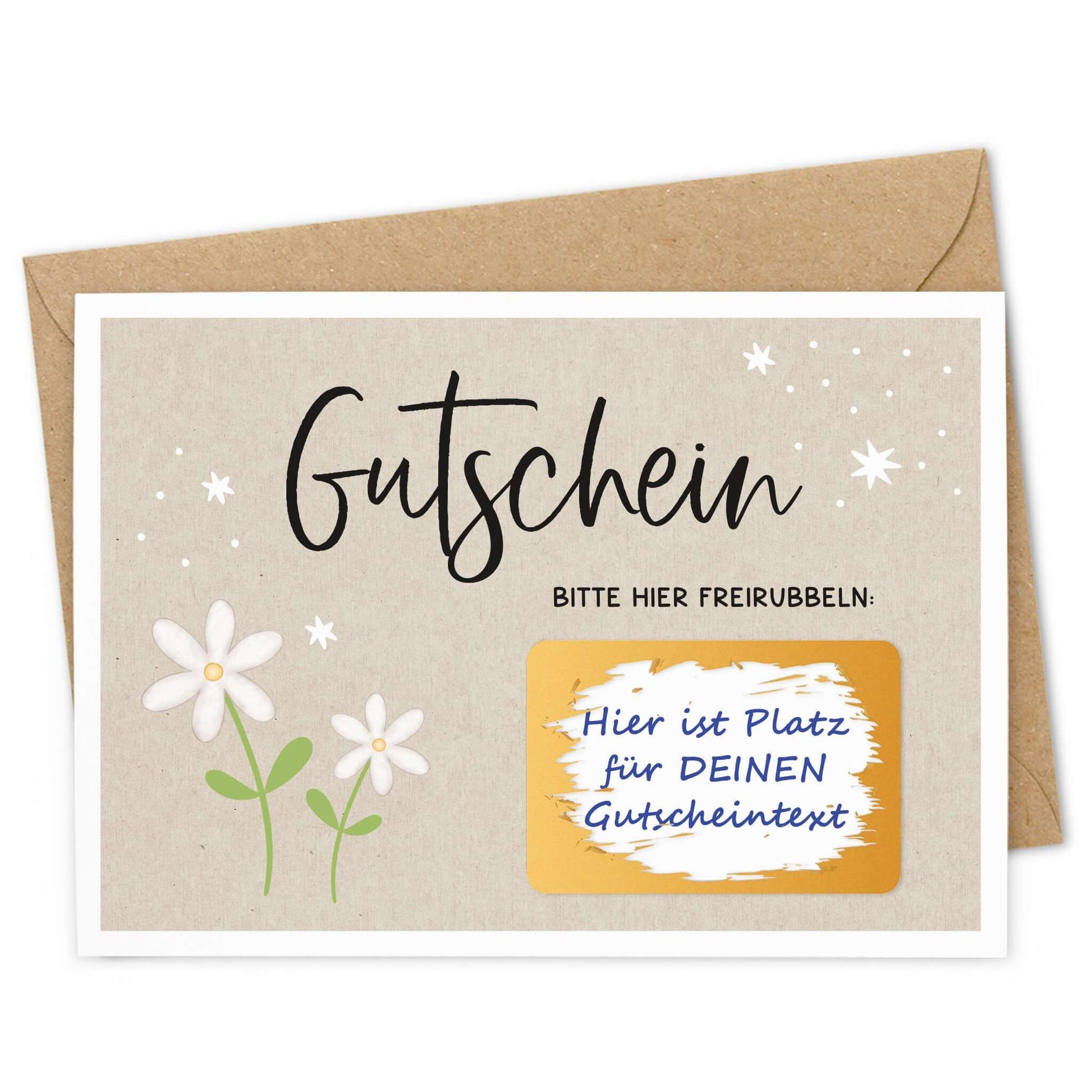 Rubbelgutschein weiße Blumen mit Umschlag, liebevoll gestaltete Gutscheinkarte mit weißen Blumen.