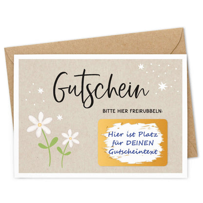 Rubbelgutschein weiße Blumen mit Umschlag, liebevoll gestaltete Gutscheinkarte mit weißen Blumen.