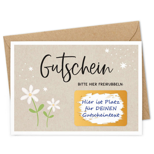 Rubbelgutschein weiße Blumen mit Umschlag, liebevoll gestaltete Gutscheinkarte mit weißen Blumen.