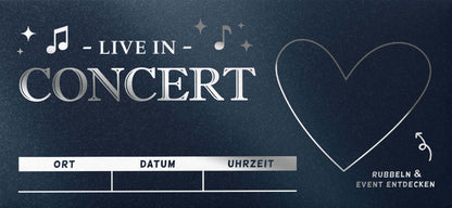 Konzert Geschenk Rubbelkarte mit Platz für Ort, Datum und Uhrzeit für ein personalisiertes Konzerterlebnis.