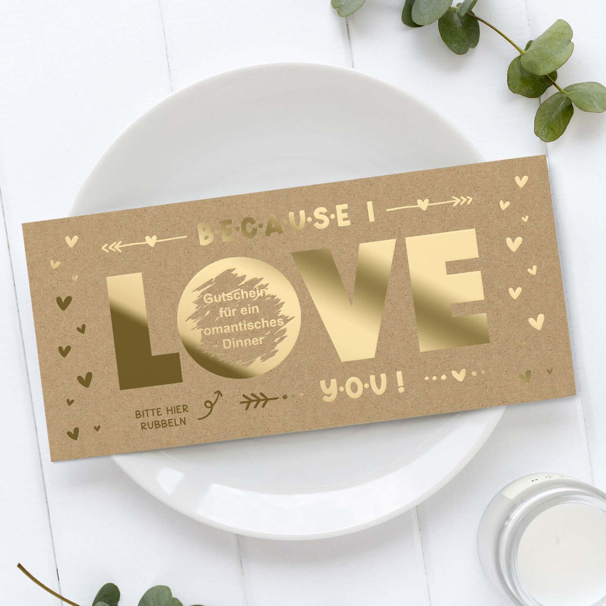 Rubbelkarte Because I Love You aus Kraftpapier mit Goldfolie, Gutschein für ein romantisches Dinner – KuschelICH