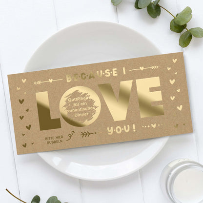 Rubbelkarte Because I Love You aus Kraftpapier mit Goldfolie, Gutschein für ein romantisches Dinner – KuschelICH