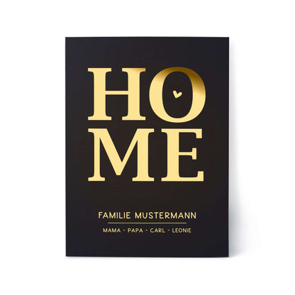 Personalisiertes Familienposter HOME – mit Familienname & Namen | Folienprägung | DIN A4 im goldenen Design