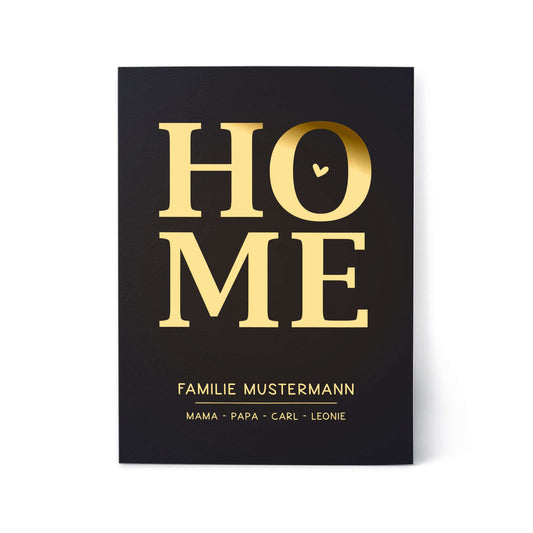 Personalisiertes Familienposter HOME – mit Familienname & Namen | Folienprägung | DIN A4 im goldenen Design