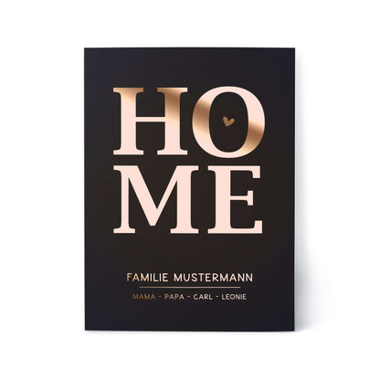 Personalisiertes Familienposter HOME – mit Familienname & Namen | Folienprägung | DIN A4 zeigt Familiennamen