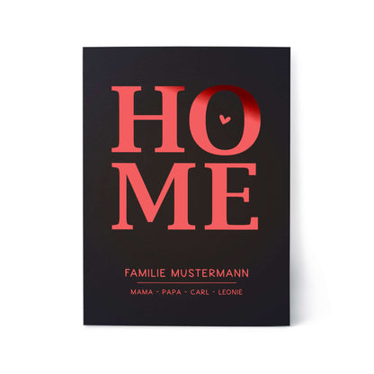Personalisiertes Familienposter HOME – mit Familienname & Namen | Folienprägung | DIN A4, präsentiert mit Namen der Familie.