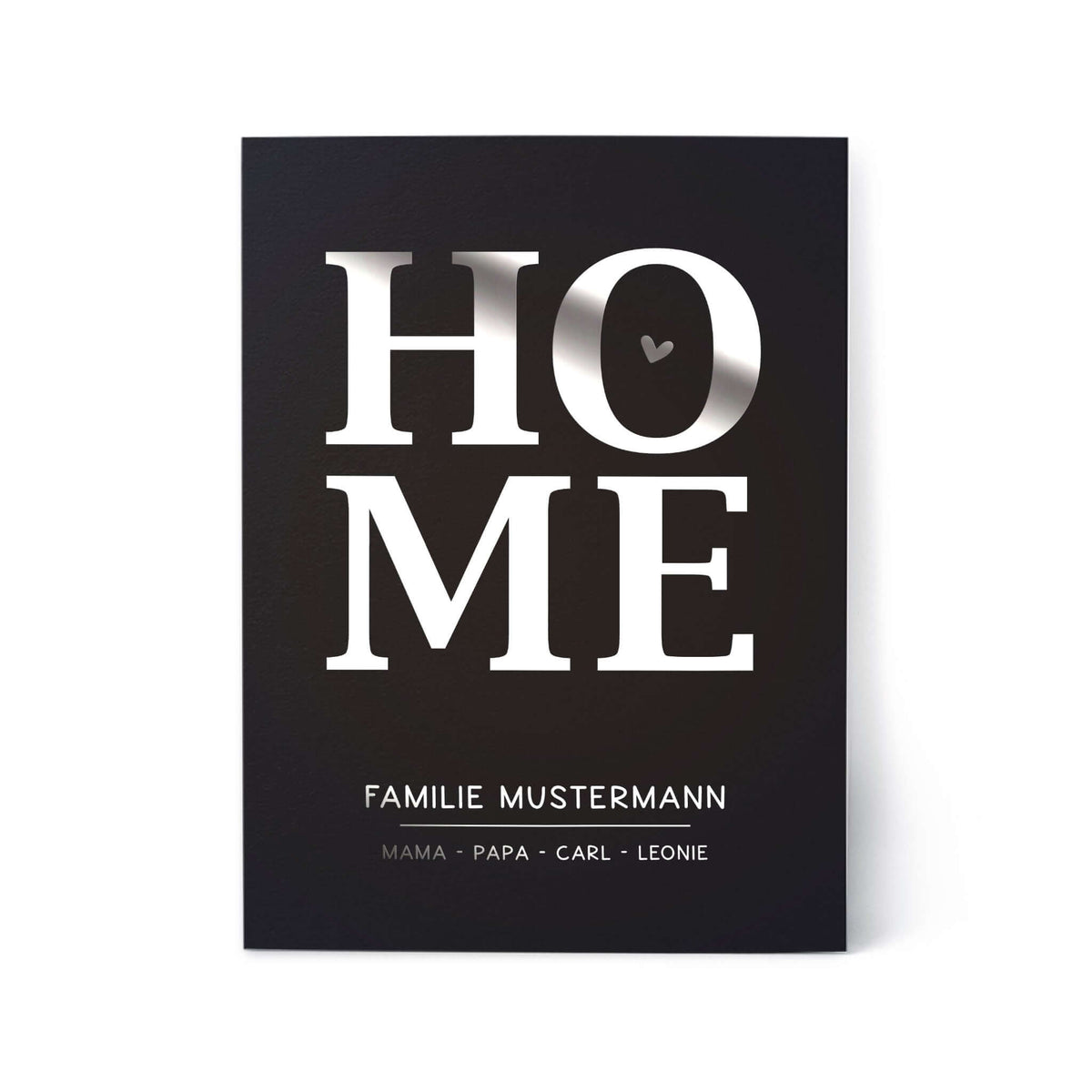 Personalisiertes Familienposter HOME – mit Familienname & Namen | Folienprägung | DIN A4, Familienbild mit Herzmotiv.