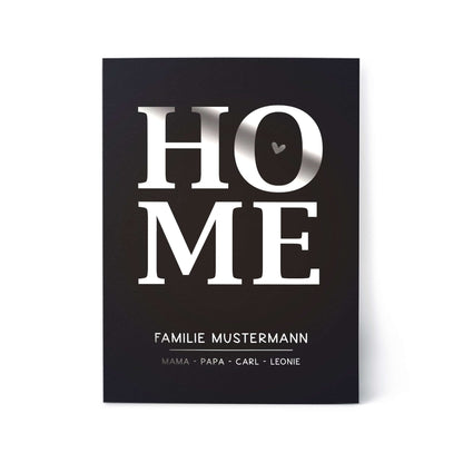 Personalisiertes Familienposter HOME – mit Familienname & Namen | Folienprägung | DIN A4, Familienbild mit Herzmotiv.