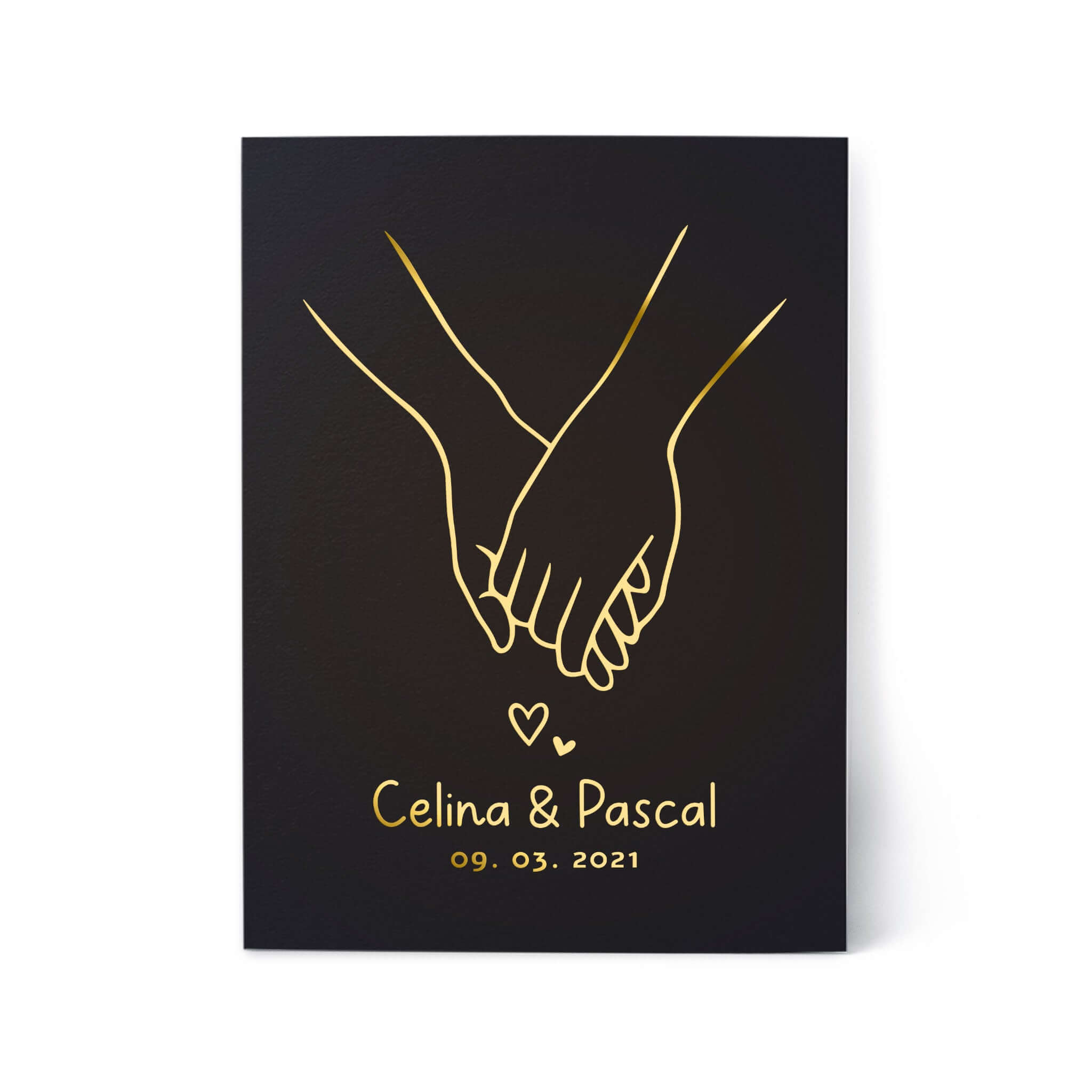 Personalisiertes Poster für Paare – Hand in Hand mit Namen & Datum, Folienprägung im DIN A4 Format.