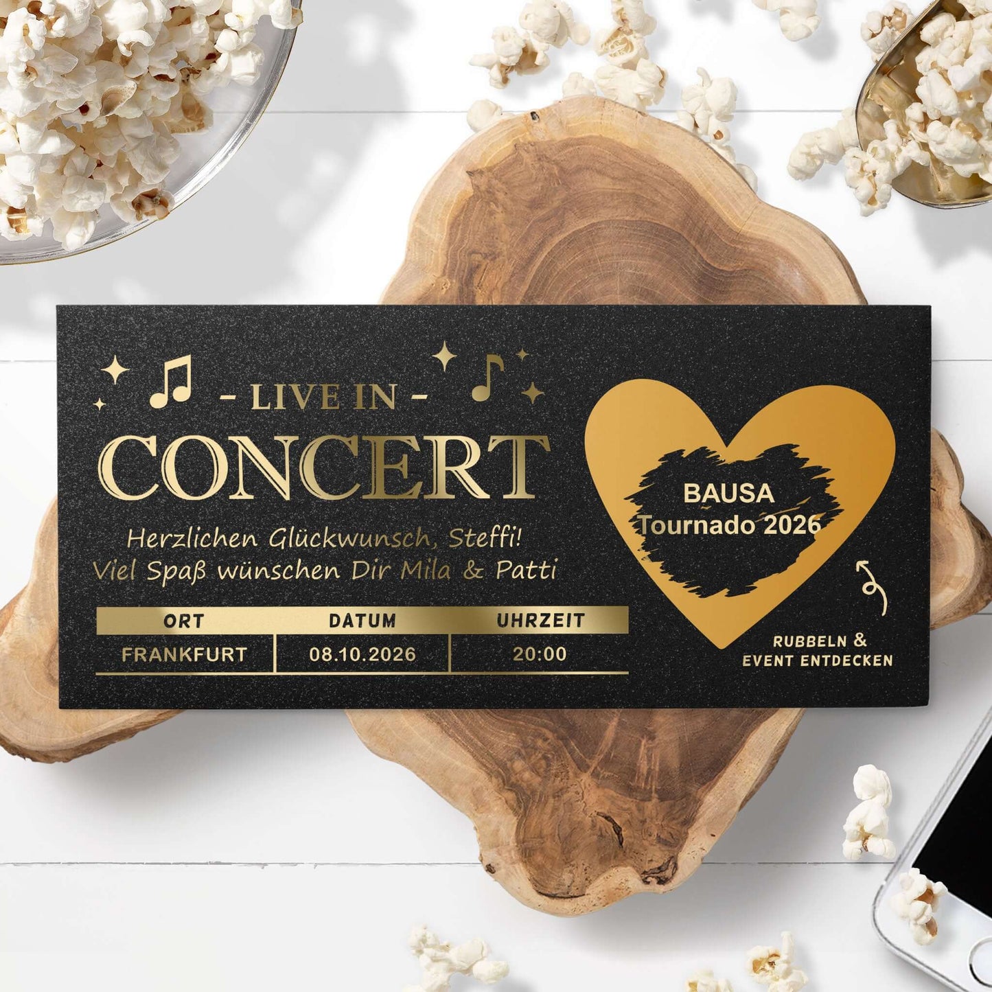 Konzert Geschenk Rubbelkarte mit persönlicher Botschaft für ein Live-Konzert von Bausa in Frankfurt 2026.