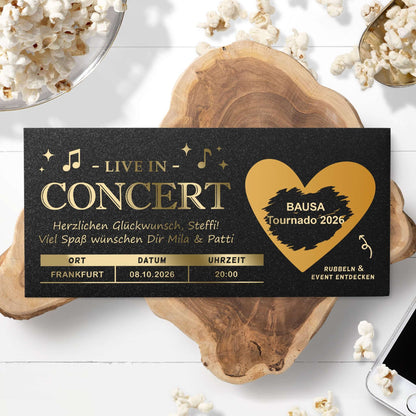 Konzert Geschenk Rubbelkarte mit persönlicher Botschaft für ein Live-Konzert von Bausa in Frankfurt 2026.