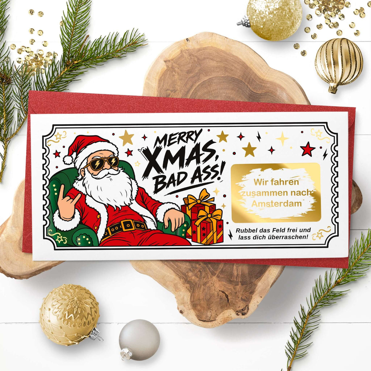 Weihnachtsgutschein Merry Xmas auf rotem Umschlag mit Wunschtext Städtereise im Rubbelfeld, weihnachtlich dekoriert – KuschelICH