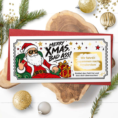 Weihnachtsgutschein Merry Xmas auf rotem Umschlag mit Wunschtext Städtereise im Rubbelfeld, weihnachtlich dekoriert – KuschelICH