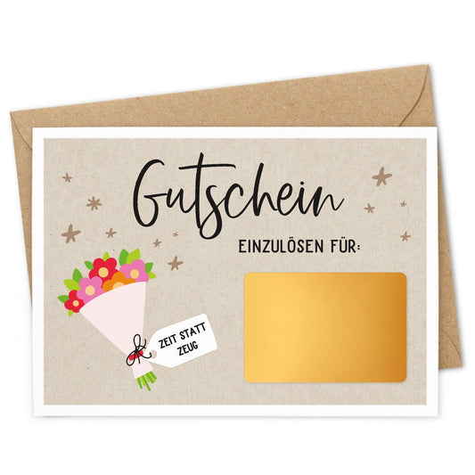 Rubbel Gutschein Blumenstrauß Gutschein mit Umschlag und goldfarbener Rubbelfeldfläche.