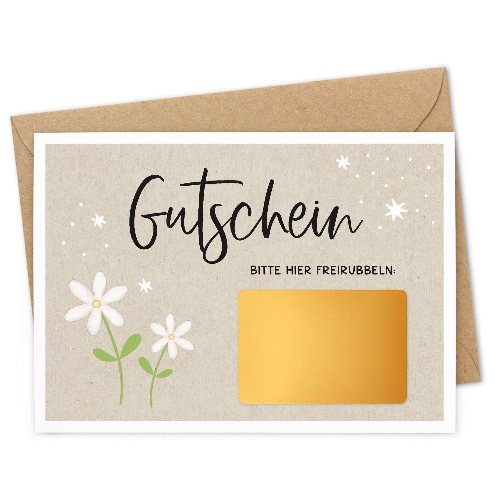 Rubbelgutschein weiße Blumen mit goldfarbener Rubbelfläche und Umschlag