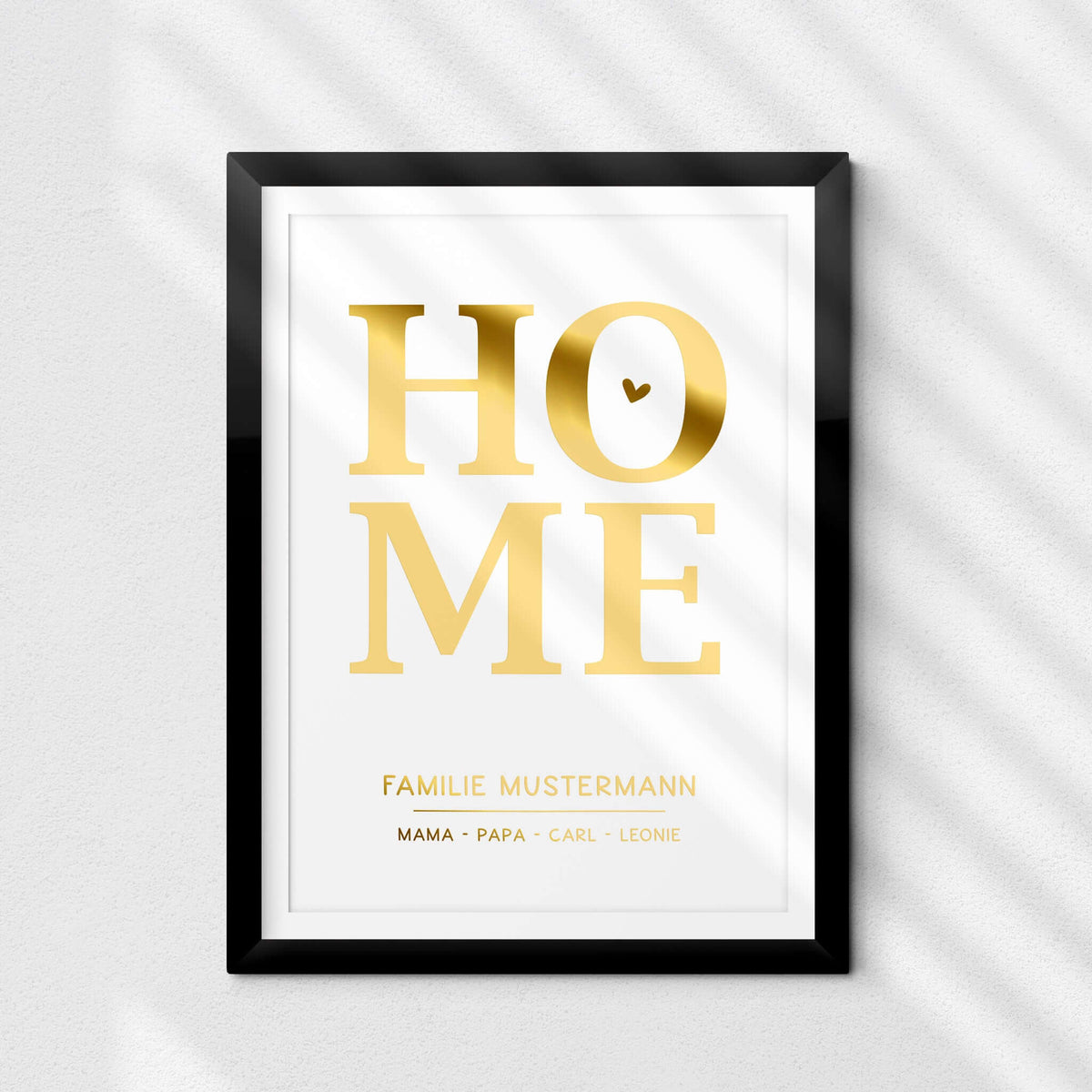 Personalisiertes Familienposter HOME – mit Familienname & Namen | Folienprägung | DIN A4 im eleganten Rahmen.