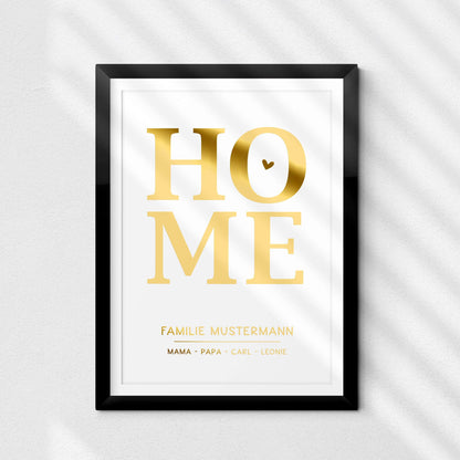 Personalisiertes Familienposter HOME – mit Familienname & Namen | Folienprägung | DIN A4 im eleganten Rahmen.