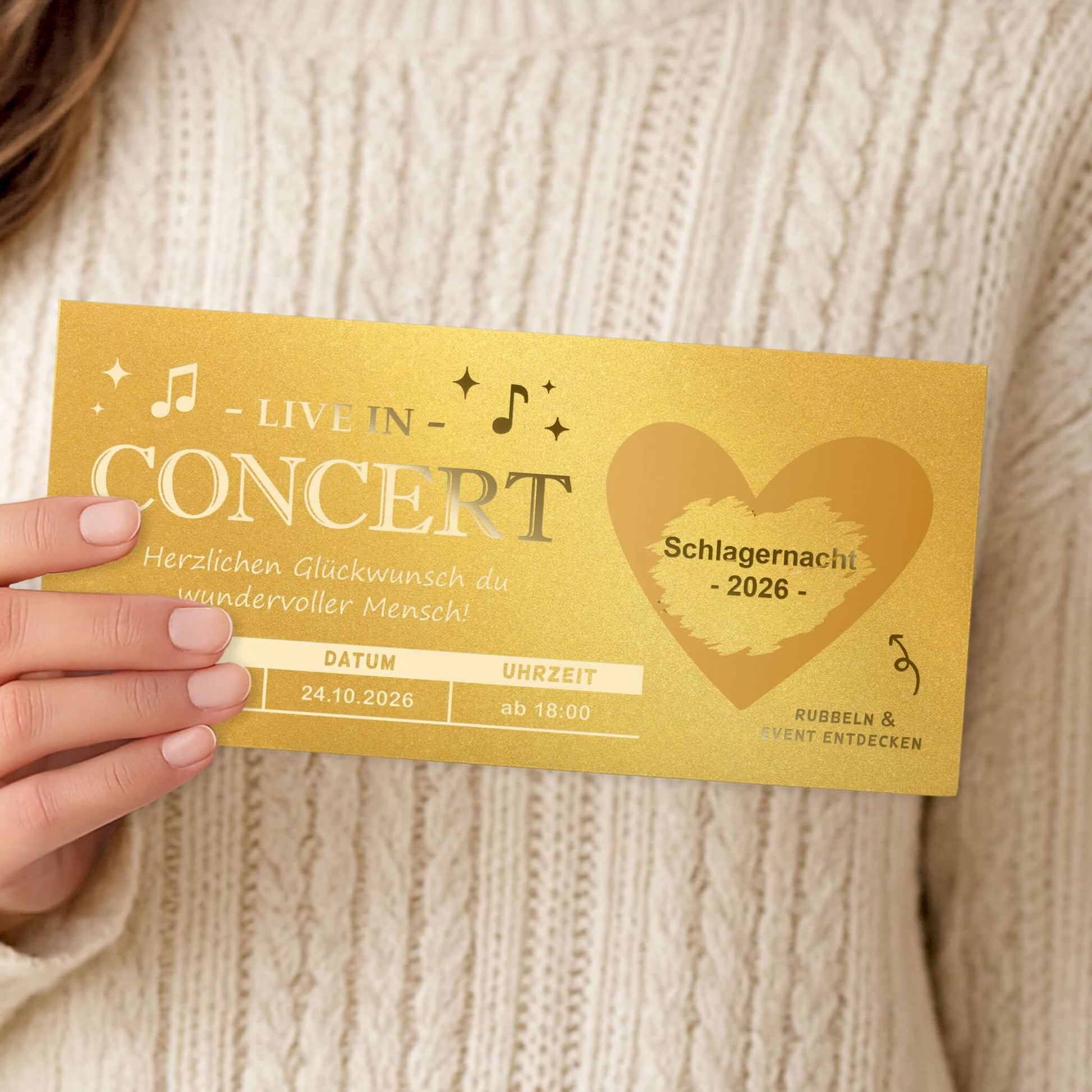 Konzert Geschenk Rubbelkarte – personalisierte Überraschungskarte mit freudigem Design und Rubbelherz.