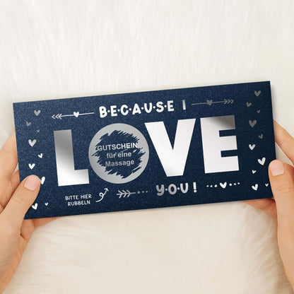 Rubbelkarte Because I Love You in Dunkelblau Schimmer mit Silberfolie, freigerubbelter Gutschein für eine Massage – KuschelICH