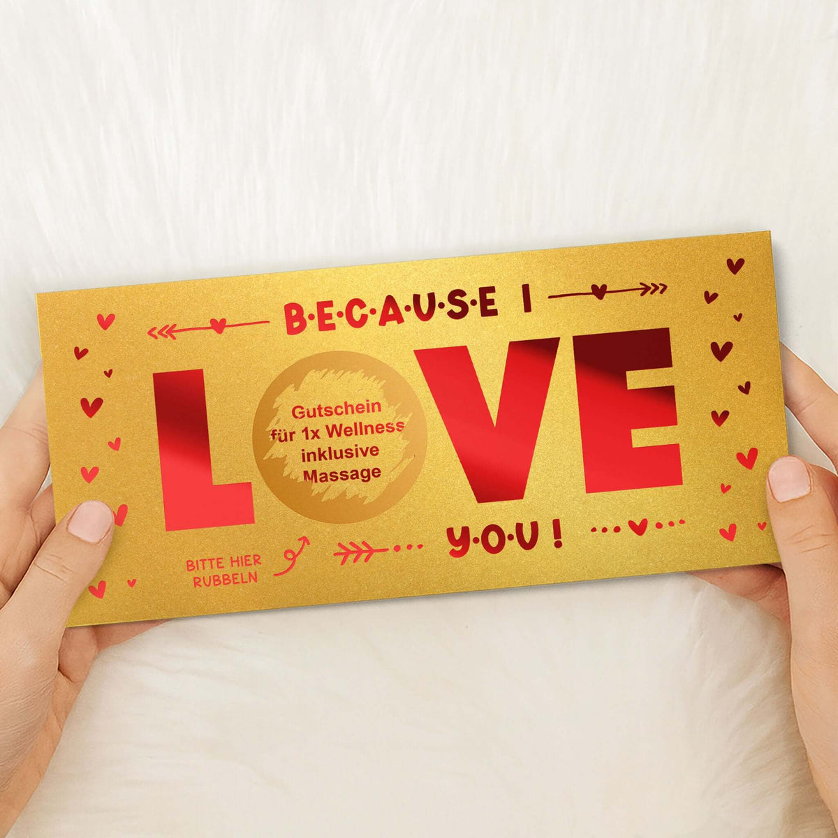 Rubbelkarte Because I Love You in Gold Schimmer mit roter Folie, Gutschein für Wellness mit Massage – KuschelICH