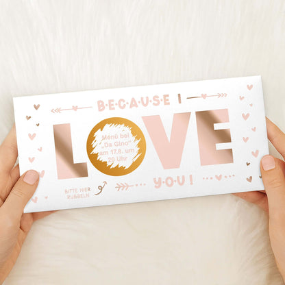 Weiße Rubbelkarte Because I Love You mit Roségoldfolie und freigerubbelter Essens-Einladung – KuschelICH