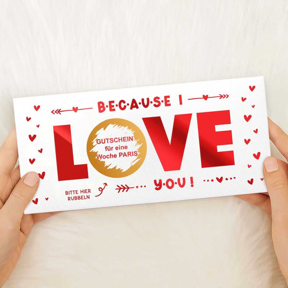 Weiße Rubbelkarte Because I Love You mit roter Folie, Gutschein für eine Woche Paris – KuschelICH