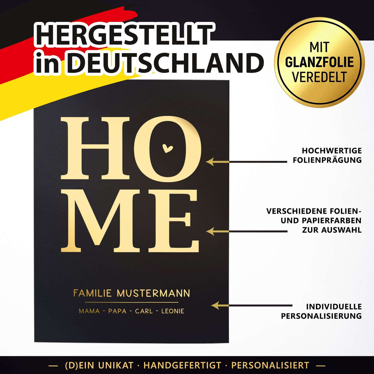 Personalisiertes Familienposter HOME – mit Familienname & Namen | Folienprägung | DIN A4 auf mattem Papier in goldfarbenem Foliendruck.