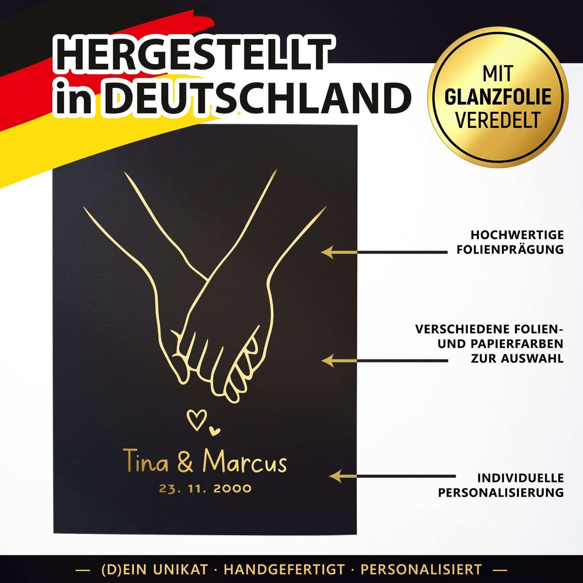 Personalisiertes Poster für Paare – Hand in Hand mit Namen & Datum, hochwertig geprägt in Deutschland.