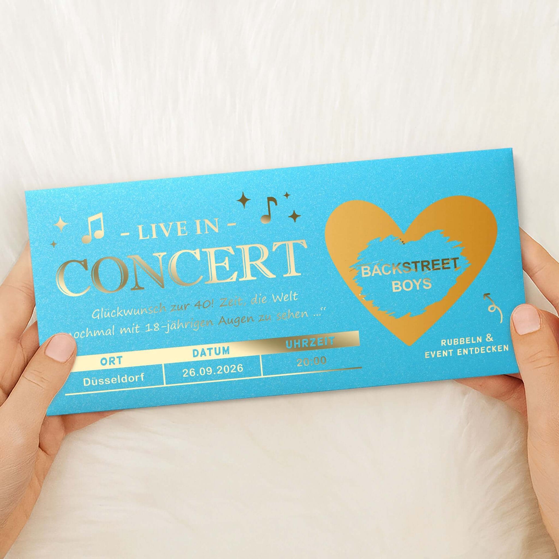 Konzert Geschenk Rubbelkarte mit goldener Schrift und Herz für Backstreet Boys Konzert.