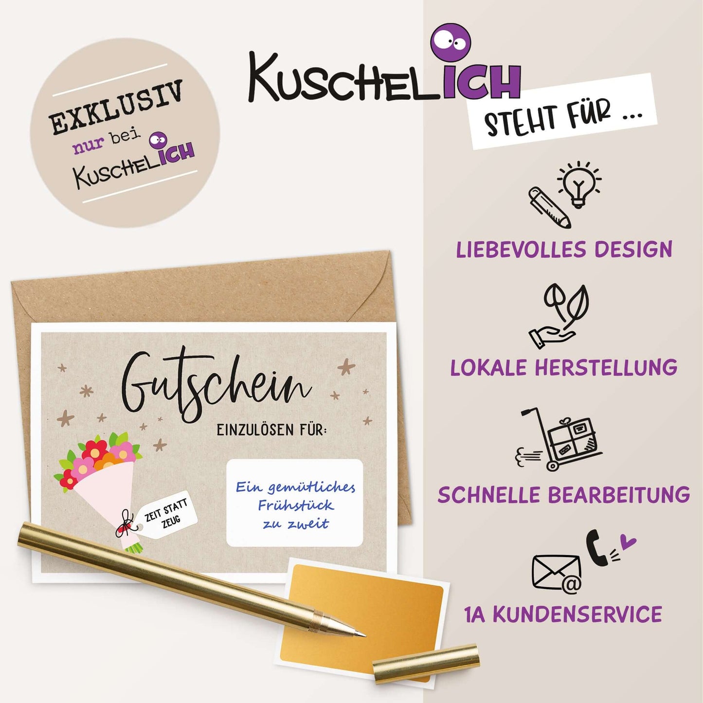 Rubbel Gutschein Blumenstrauß mit Umschlag und liebevollem Design, ideal zum Verschenken.