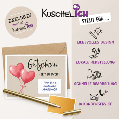 Rubbel Gutschein Zeit zu Zweit mit Herzballons und Umschlag für besondere Überraschungen