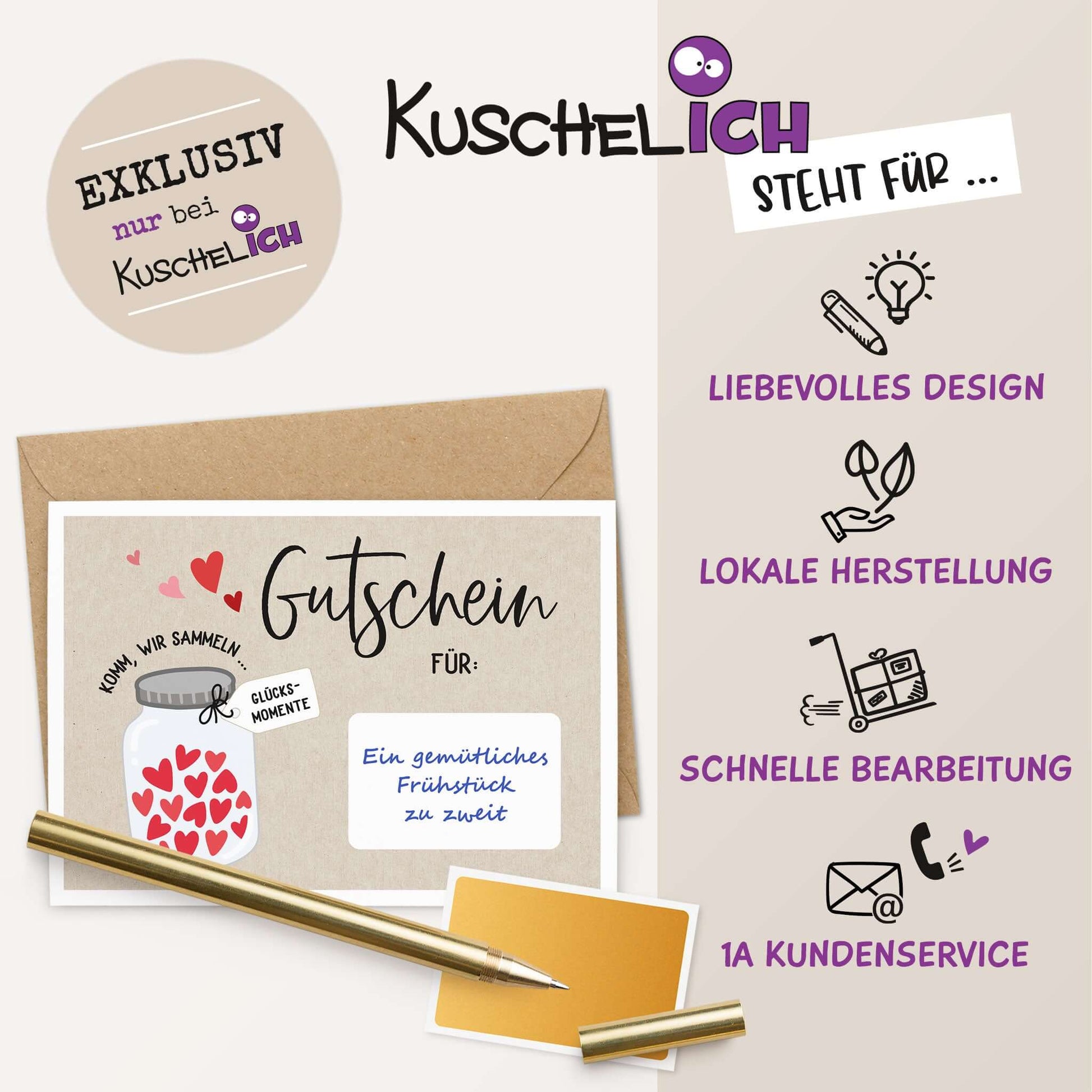 Rubbelgutschein Glücksmomente in einem liebevoll gestalteten Umschlag mit Tipps für erstklassigen Service.