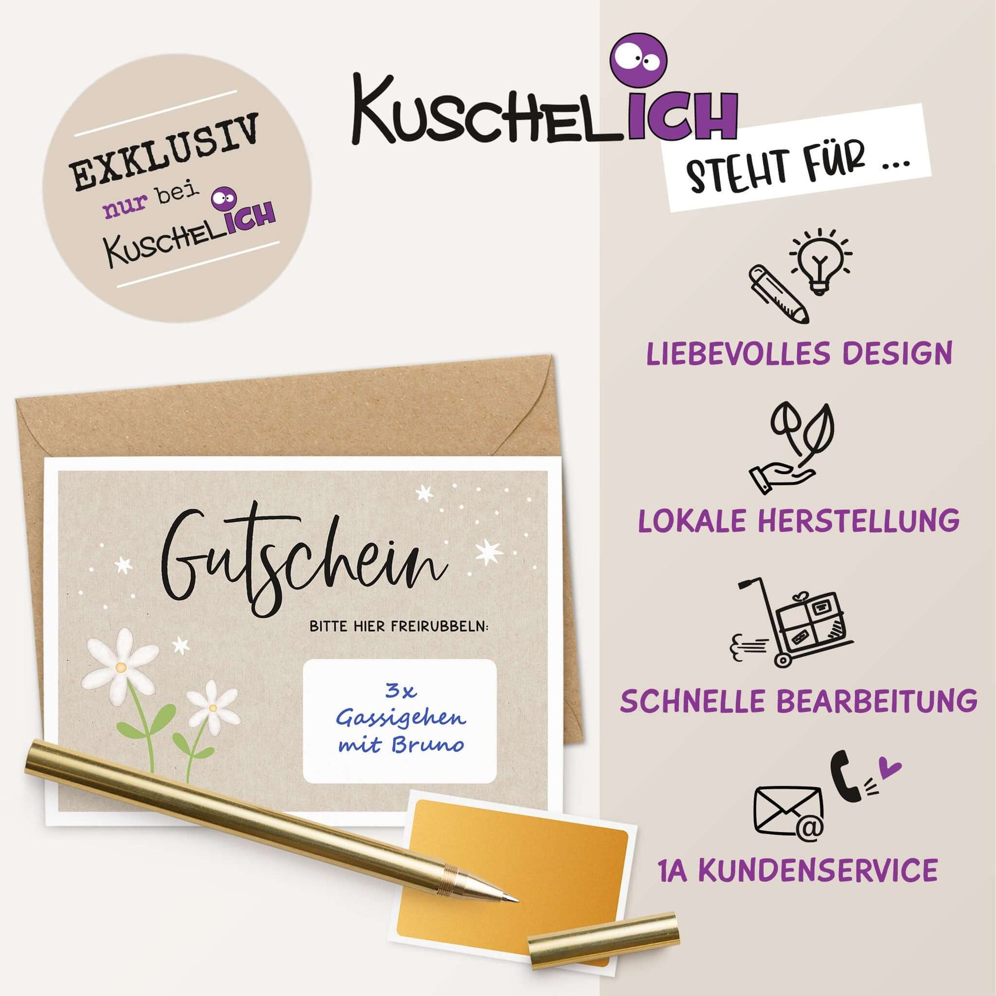 Rubbelgutschein weiße Blumen mit Umschlag, liebevolles Design und goldfarbenes Rubbelfeld.