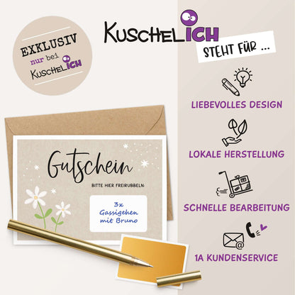 Rubbelgutschein weiße Blumen mit Umschlag, liebevolles Design und goldfarbenes Rubbelfeld.