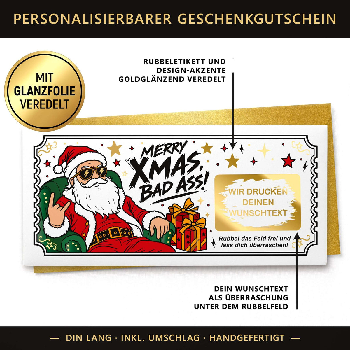 Weihnachtsgutschein Infografik personalisierbare Rubbelkarte: Goldfolie, Wunschtext unter dem Rubbelfeld, DIN lang inkl. Umschlag – KuschelICH