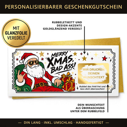Weihnachtsgutschein Infografik personalisierbare Rubbelkarte: Goldfolie, Wunschtext unter dem Rubbelfeld, DIN lang inkl. Umschlag – KuschelICH