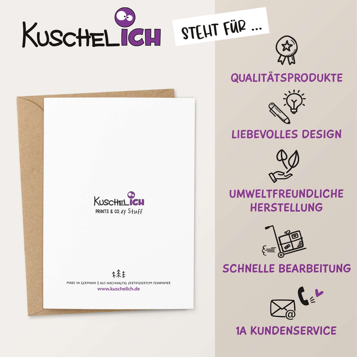 Kuschelich Rückseite der Abschiedskarte mit Umschlag und Hinweisen zu Qualität und Herstellung